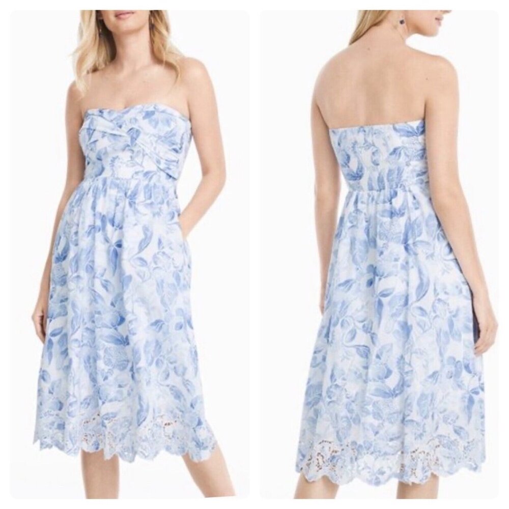 WHBM White Blue Floral Strapless Eyelet Scallop Hem Midi Dress Womens sz 8